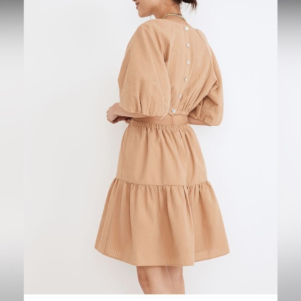 Madewell Seersucker Puff-Sleeve Cutout Mini Dress in Seed Khaki Style NF870 NEW - Picture 6 of 9